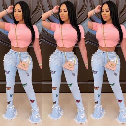 Flare Jeans Women Pants Wide-leg Washed Denim Classic Printed Trousers with Fringed Holes Patchwork Embroidered Cowboy Trousers