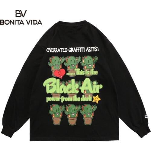Bonita Vida Oversized Long Sleeve Tee Shirts Graffiti Cartoon Cactus Print Tshirts Streetwear Hip Hop Casual Loose Tops
