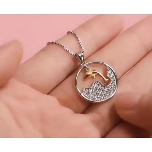 Huitan Creative Little Dolphin Necklace for Women Crystal Cubic Zirconia See Animal Pendant Necklace Fancy Gift Party Jewelry