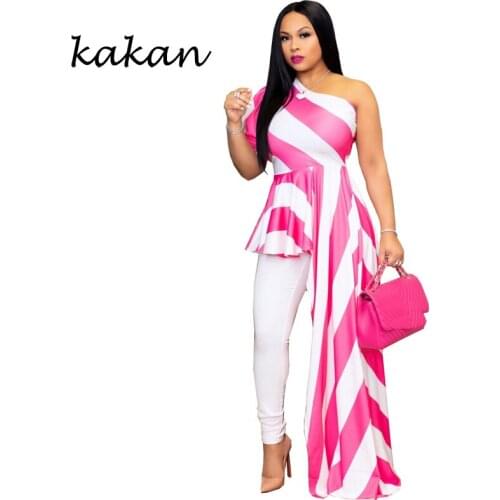 Kakan summer new womens stitching print dress striped shoulder nightclub irregular dress S-3XL