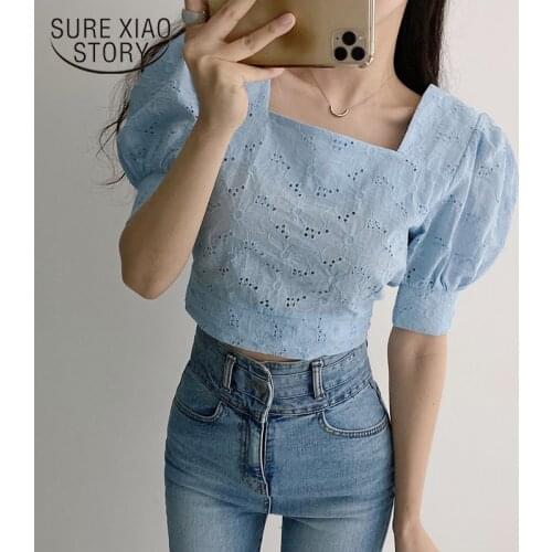 Korean Summer Women Tops 2021 Square Neck Puff Sleeve Slim Short Shirt Chic Hollow Out Floral Embroidery Lace Blouse Blusa 14296