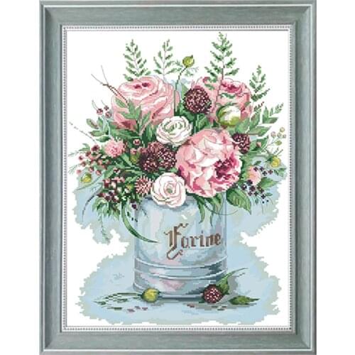 Stamped Cross Stitch Kits 11CT Printed Canvas Iron Barrel Rose 14CT Unprinted Fabric Flower Embroidery Needlework Set Home Decor