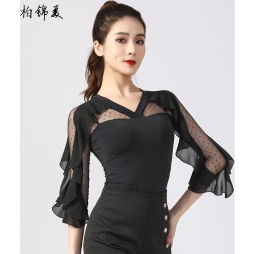 Latin dance clothes adult shirt with ruffled three-quarter sleeves V-neck new national standard dance competition modern dance p