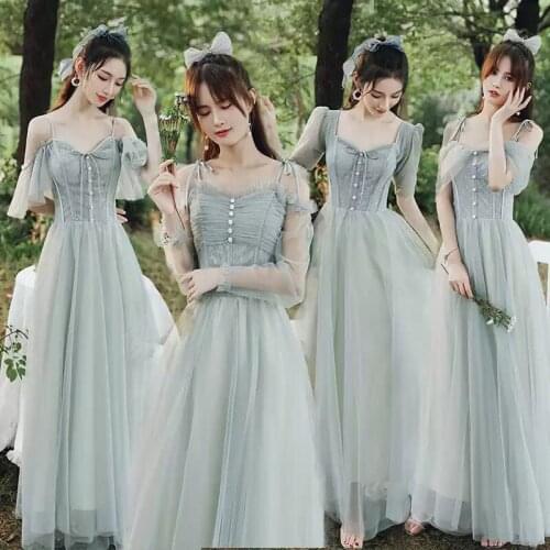 Bridesmaids Dresses Illusion Full V-Neck Spaghetti Straps Button Pleat Tulle Floor-Length Vintage Women Wedding Party Gown E622