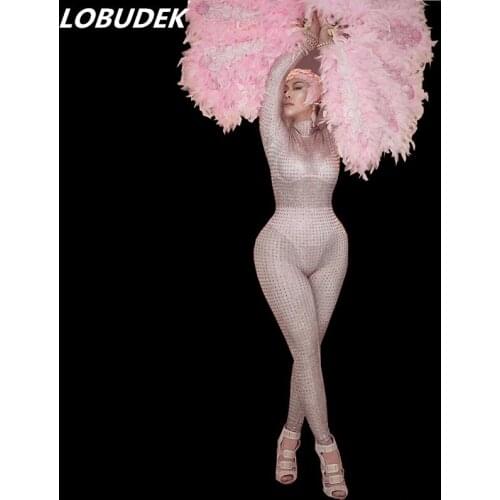 Pink Rhinestones Skinny Jumpsuit Feather Fans Headdress Sexy Female Singer Stage Wear Nightclub Party Dancer Performance Costume