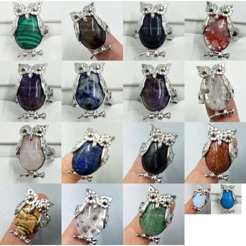 Carnelian Malachite Jasp Crystal Opal Howlite Lapis Lazuli Owl Women Men Bead Ring 6.5~12" US Adjust WFH394