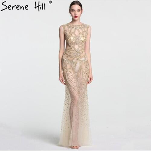 Champagne Transparent Sexy Mermaid Evening Dress Sleeveless Sequined Tulle Evening Gowns 2021 Serene Hill LA6156