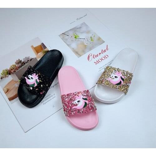 Home Slippers for Girls Sequins Unicorn Pattern Open Toe Flat Sandals Summer Ladies Slides Indoor House Shoes Sandalias Girl