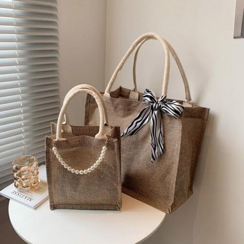 Trend Large Capacity Handbag Straw Bag 2021 Summer New Fashion Ribbon String of Pearls Solid Color Shoulder Bag Toth