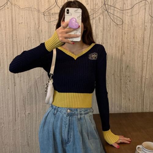 Autumn Top 2020 Contrast Color V-neck Knitwear Womens Short Slim Fit Woman Sweaters Femme Chandails Pull Hiver
