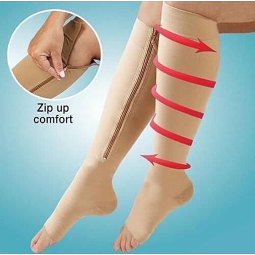 Men Women Unisex Comfort Compression Socks Solid Color Zipper Leg Support Stretch Pressure Knee Stockings