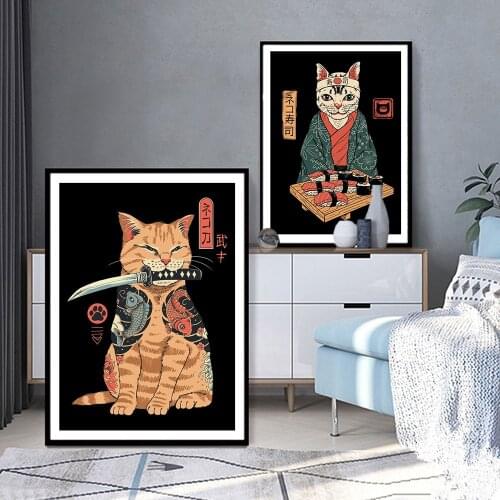 Japanese Samurai Cat Sushi Wall Art Prints Pictures Vintage Cartoon Animal Posters Canvas Painting Nostalgia Kitchen Home Decor