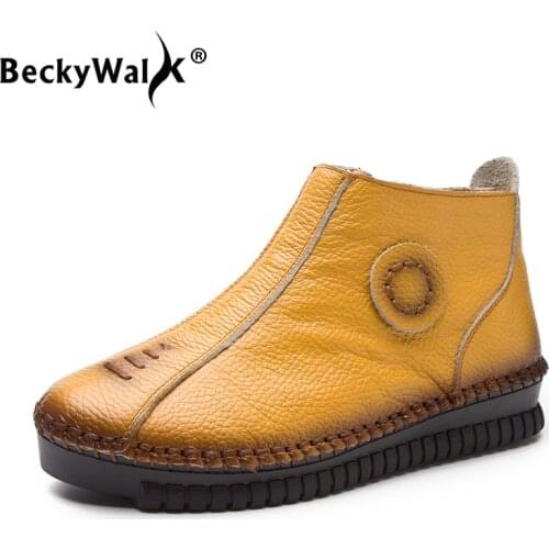 BeckyWalk Women Genuine Leather Snow Boots Vintage Style Flat Booties Soft Cowhide Winter Women Shoes Female Ankle Boots WSH3075