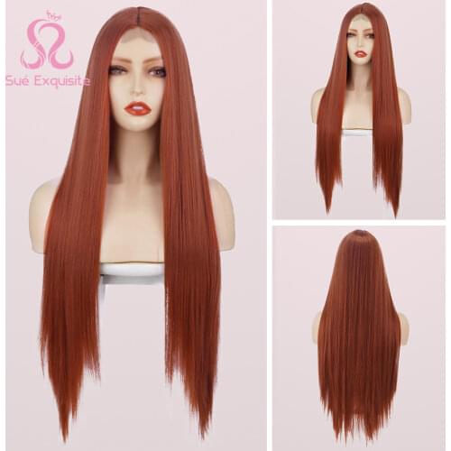 SUe EXQUISITE Synthetic Hair Wig Long Straight Orange Ginger Color Cosplay Wigs For Women High Temperature Fiber