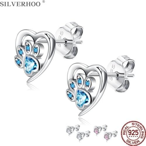SILVERHOO Genuine Sterling Silver 925 Jewelry Animal Paw Cute Earrings For Women Heart Shape Blue CZ Cubic Zirconia Stud Earring