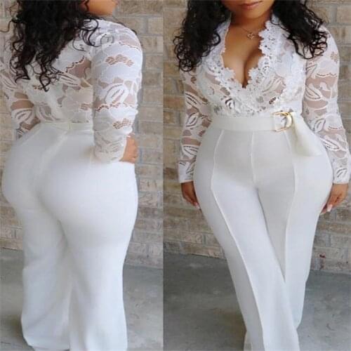 White Lace Stitching Womens Long Sleeve Jumpsuit Plus Size V-neck Jumpsuits for Women Office Lady Wide Leg Long Pant mono mujer