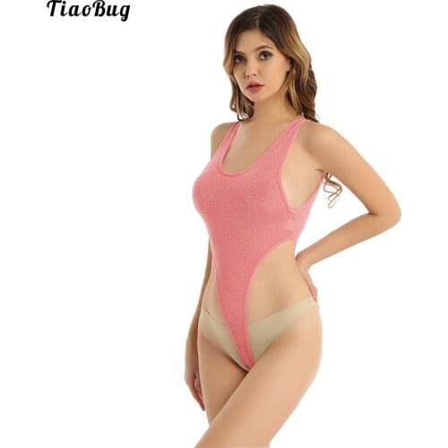 TiaoBug Women Scoop Neck Sleeveless Crystals Bodysuit High Cut Leotard Bodycon Jumpsuit One Piece Swimsuit Lingerie Sleepwear