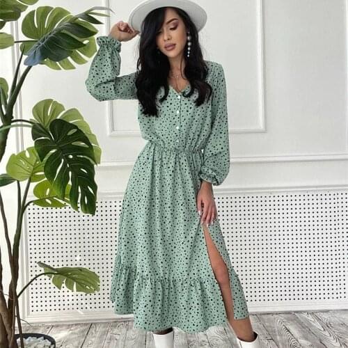 2021 Autumn Polka Dot Print Ruffles Split Midi Dress Women Casual V Neck Buttons Long Sleeve Dresses Woman Fashion Party Dress