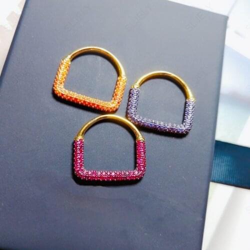 Fashion Real 925 Sterling Silver Purple Orangle Pink Red Cubic Zirconia Rectangle Geometric Finger Ring Women Fun Jewelry