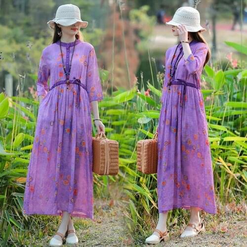 2021 New Arrival Fashion Spring Summer Dress Linen Cotton Print Floral Prairie Chic Vintage Dress Outdoor Travel Casual Dress