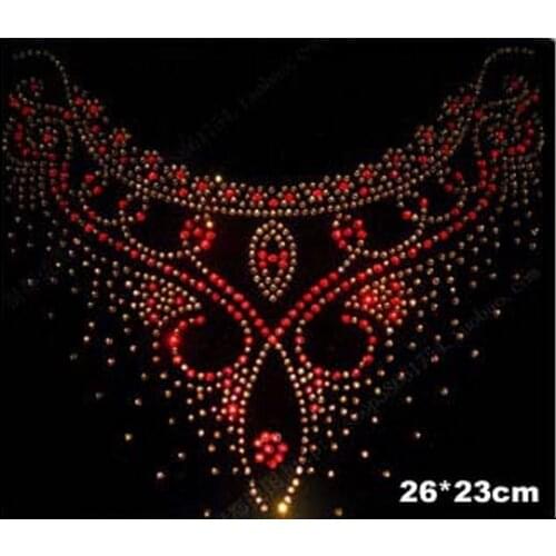 2pc/lot neckline golden and red hot fix rhinestone rhinestones fix iron on crystal transfers design hot fix patches