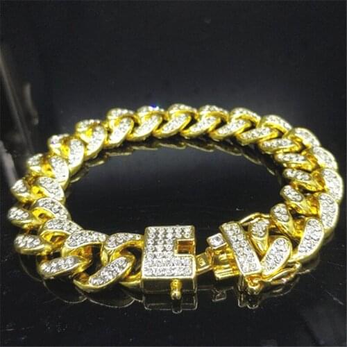 Bling 14mm 20cm Gold Silver Color Hip Hop Mens Rhinestone Miami Cuban Chain Men Bracelet & Bangles For boys Punk Rock Jewelry