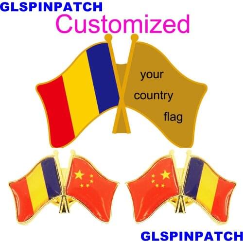 Romania Crossed Friendship Flag Double Country lapel pin Brooch USA UK France Chile Russia Saudi Arabia Japan Spain Badge