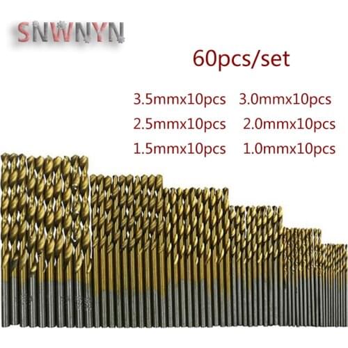 60pcs Titanium Coated HSS High Speed Steel Drill Bit Set Titanium For Wood Plastic Twist Drill Bit Set 1/1.5/2/2.5/3/3.5mm
