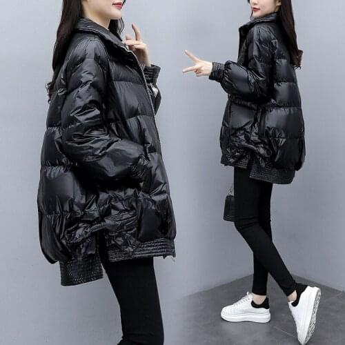 Black Glossy Down Jacket Parka Women Winter Coats Plus Size Loose Down Coats Womens Korean Long Down Coats Tops Female Outwear