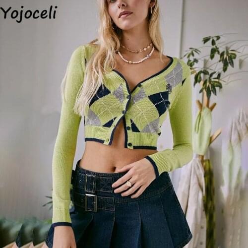 Yojoceli Geometric button women autumn cardigan Casual short female knitted outerwear Cool sexy knitting sweater cardigan