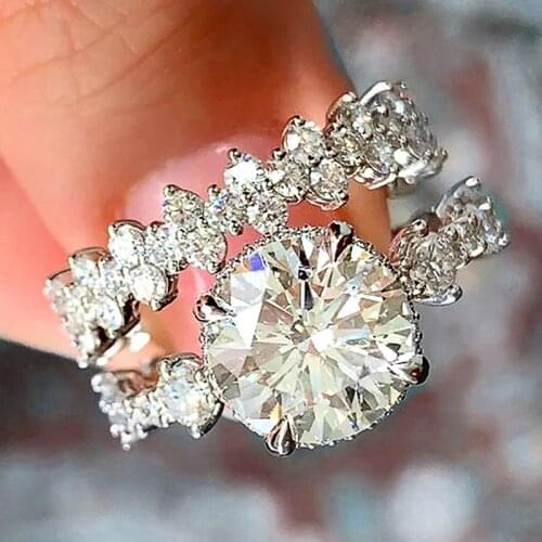 Cute Female White Round Zircon Ring Set Dainty Silver Color Wedding Rings For Women Luxury White Zircon Stone Engagement Ring