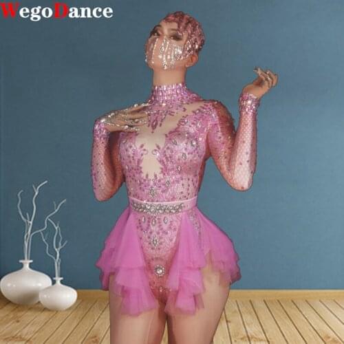 Fashion Pink Rhinestone Party Bodysuit Women Elastic Tights Mesh Ruffles Crystal Nightclub Dancer Leotard Stage Outfit