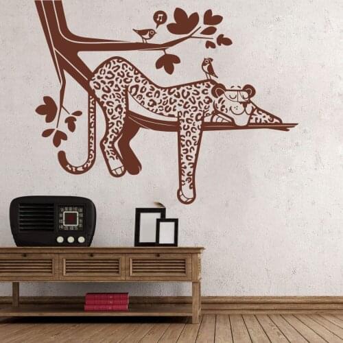 Cartoon Leopard Safari Tree Wall Decal Baby Nursery Forest Jungle Leopard Animal Branch Bird Wall Sticker Bedroom Playroom Vinyl