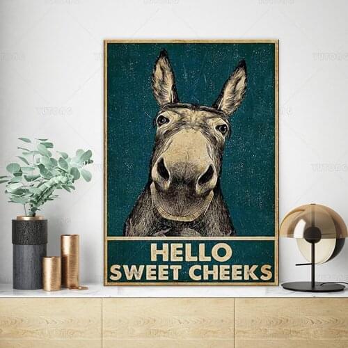 Hello Sweet Cheeks Donkey Sign Wall Art Canvas Print Funny Vintage Poster Paintings Cool Home Bedroom Bathroom Decor framed