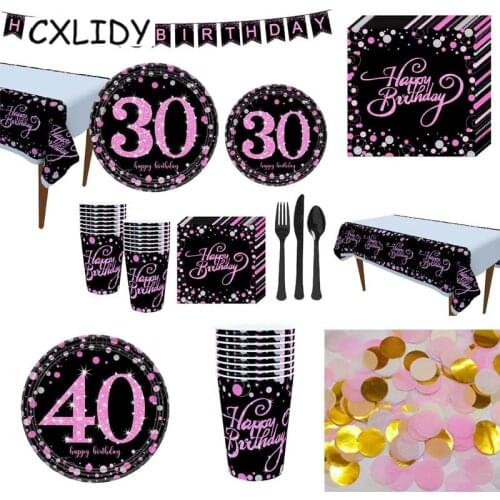 Black Pink Birthday 30 40 50 60 Happy Birthday Party Disposable Tableware Decoration Adult Birthday 30th Party Supplies aa118