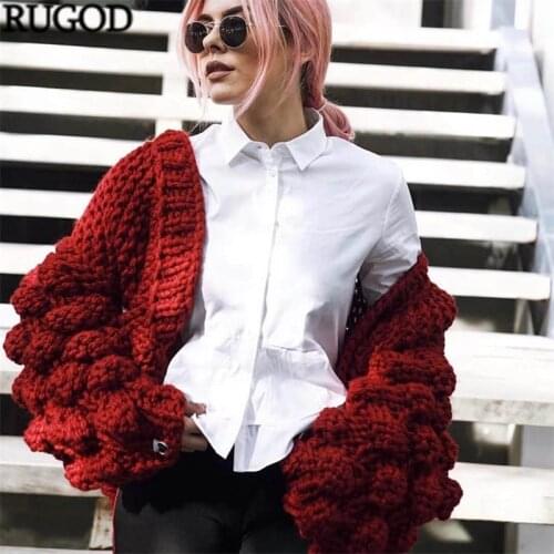 RUGOD 2020 Solid Crochet Lantern Sleeve Cardigans Women Oversiezd Knitted Sweater Winter Tops For Women Knitwear 2020 Jumpers
