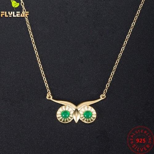 925 Sterling Silver Women Owl Pendant Necklace Handmade Green Jade Eyes Necklace Chinese Style Vintage Jewelry