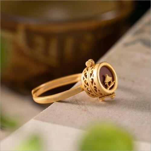 Natural South Red Perfume Bag Ring Silver Plated Red Agate Pavilion Pavilion Niche for a Statue of the Buddha Open Ring Can Open