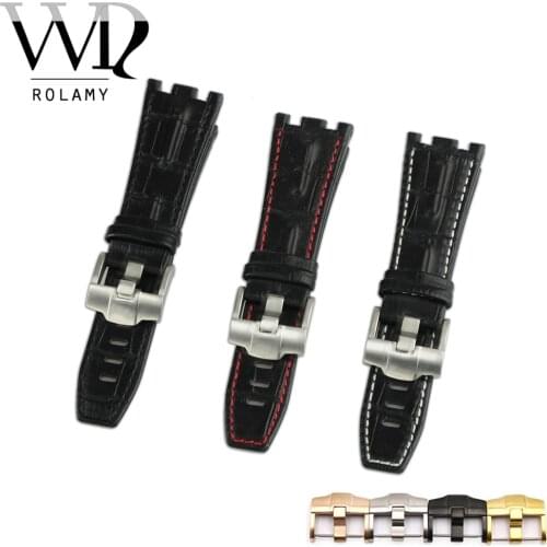 Rolamy 28mm Real Leather Thick Wrist WatchBand Strap Belt With Silver Brushed Buckle For Audemars Piguet 42mm Royal Oak Offshore