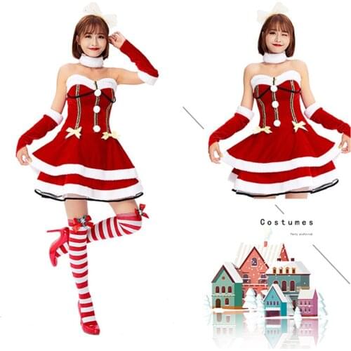 Christmas Women Dress Santa Claus Cosplay Costume Red Tube Top Gilt Plush Christmas Style Halloween Winter Sexy Party Dress