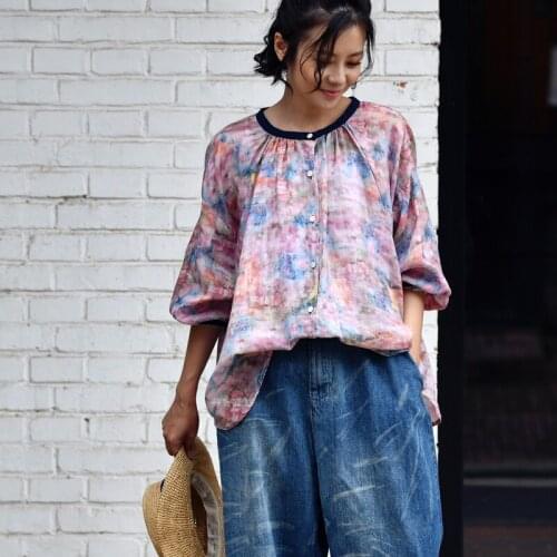 MICOCO C7608C Wash and make old color clash print seven - minute sleeve doll style round neck shirt