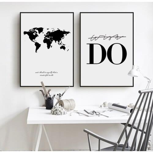 Nordic Poster Black White World Map Wall Art Canvas Prints Painting Quotes Decorative Pictures for Living Room Modern Home Decor