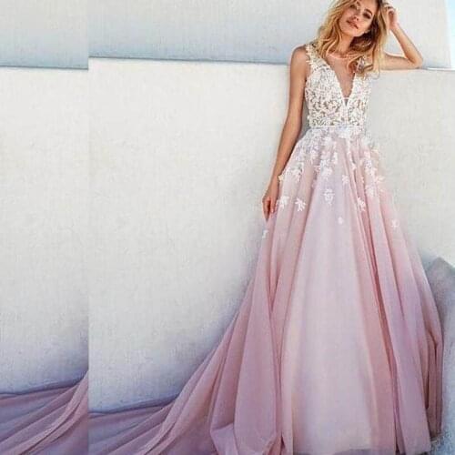 Sexy deep v-neck pearl pink China long see-through lace tulle prom dresses ball gowns 2019 pink wedding party dress