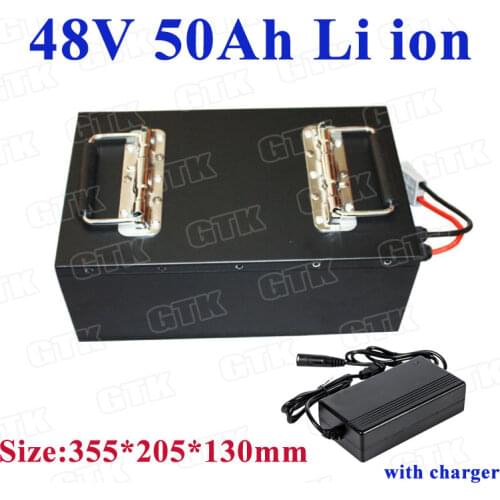 Steel case 48V 50Ah lithium li ion battery pack with BMS for solar storage golf cart EV powerwall motorcycle ebike+5A Charger