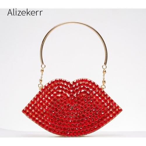 Red Lips Diamond Evening Clutch Bag Women 2020 New Designer Chic Hollow Out Small Metal Cage Handbag Rhinestone Purse Wedding