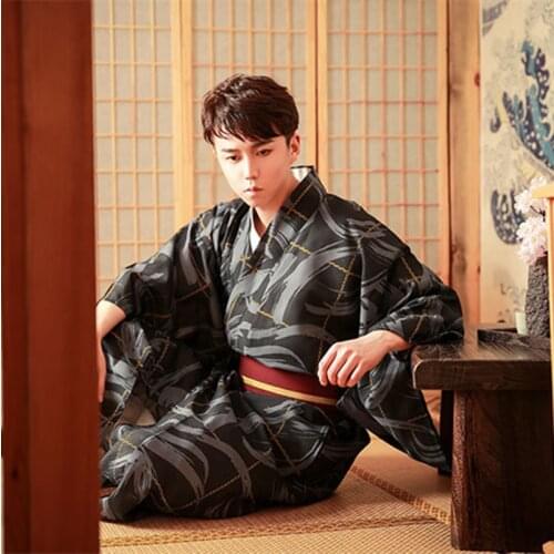 Traditional Japan Kimono Yukata Mens polyester Dressing Gown Male Lounge Robes with Belt Summer Pajamas