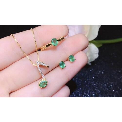 Anniversary Best Gift Natural Emerald jewelry set Natural Real Emerald 925 sterling silver 1pc pendant,1pc ring,2pcs Earring