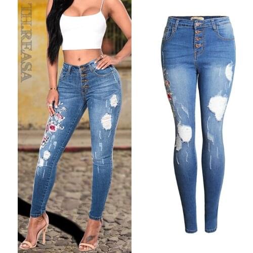 Womens Jeans Pant Elastic Slim Fit High Waist Embroidered Pierced Jeans Pants