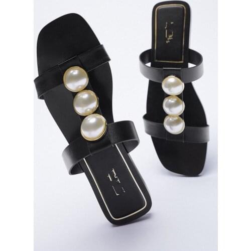 Womens Slippers 2021 Summer New Style Black Square Toe Flat Shoes with Pearl Inlays Womens Outer Sandals