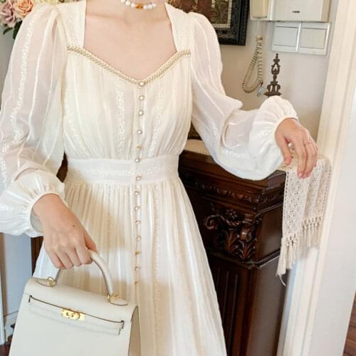 Bella Philosophy Wonder French Elegant Long Fairy Dress Full Sleeves Women Square Collar Vintage Dress Party Wedding One Piece